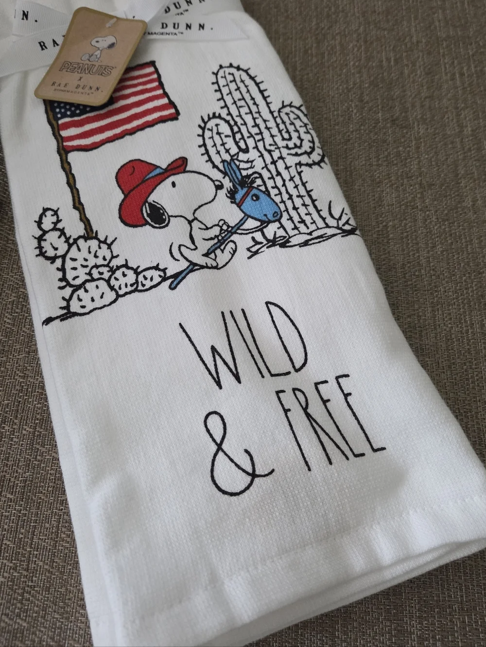 Rae Dunn White Kitchen Towels with Snoopy Cowboy and Flag